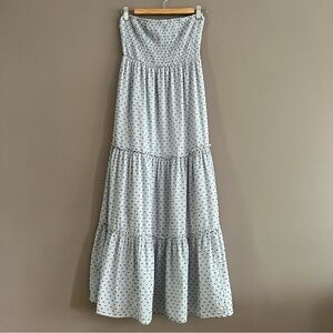 Sim & Sam Strapless Tiered Maxi Dress Smocked Swiss Dots Cottagecore Blue Small